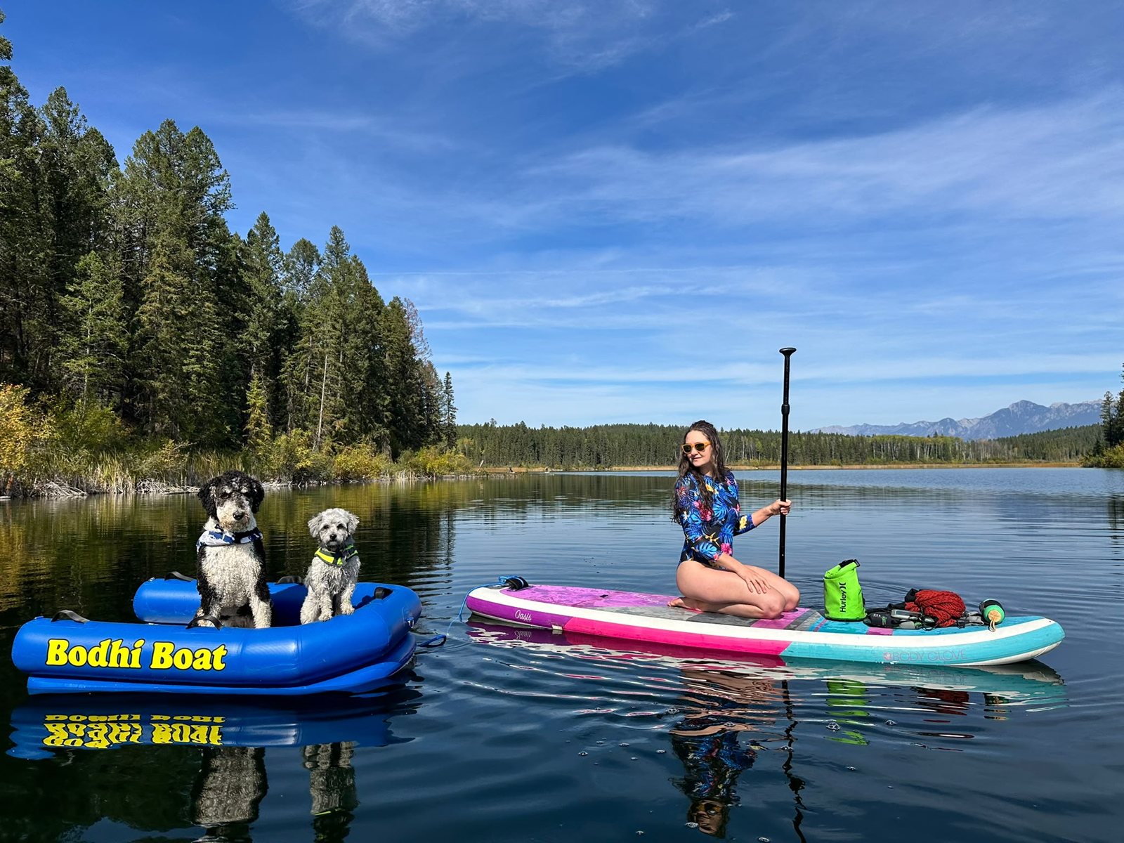 Bodhi and a small grey dog in the Bodhi Boat beside a paddleboarder on a calm mountain lake